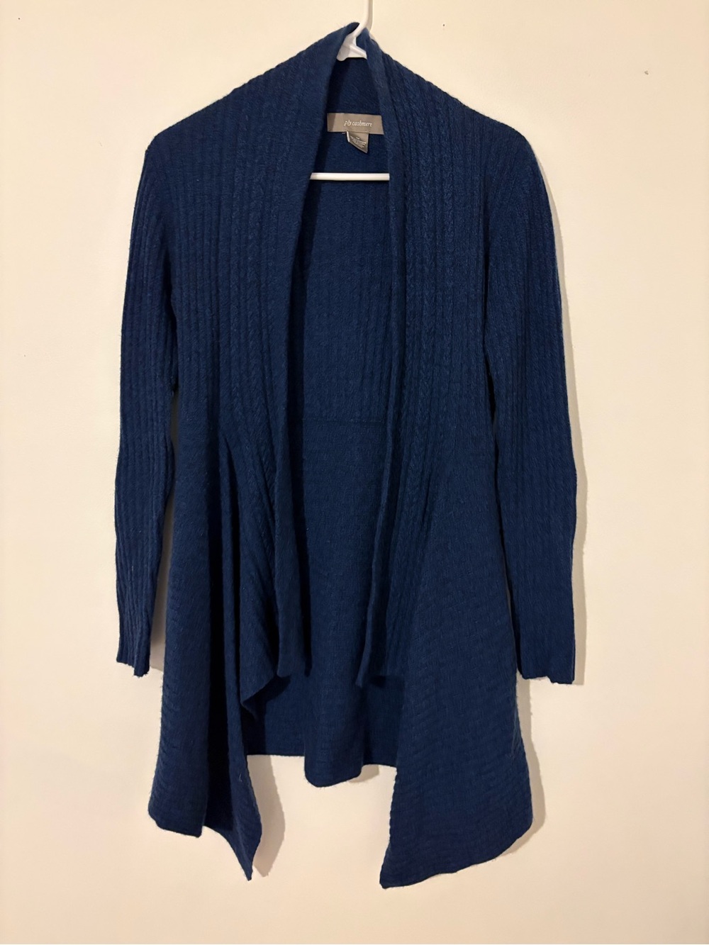 PLY 100% Cashmere Open-Front Cardigan Navy Cable Knit